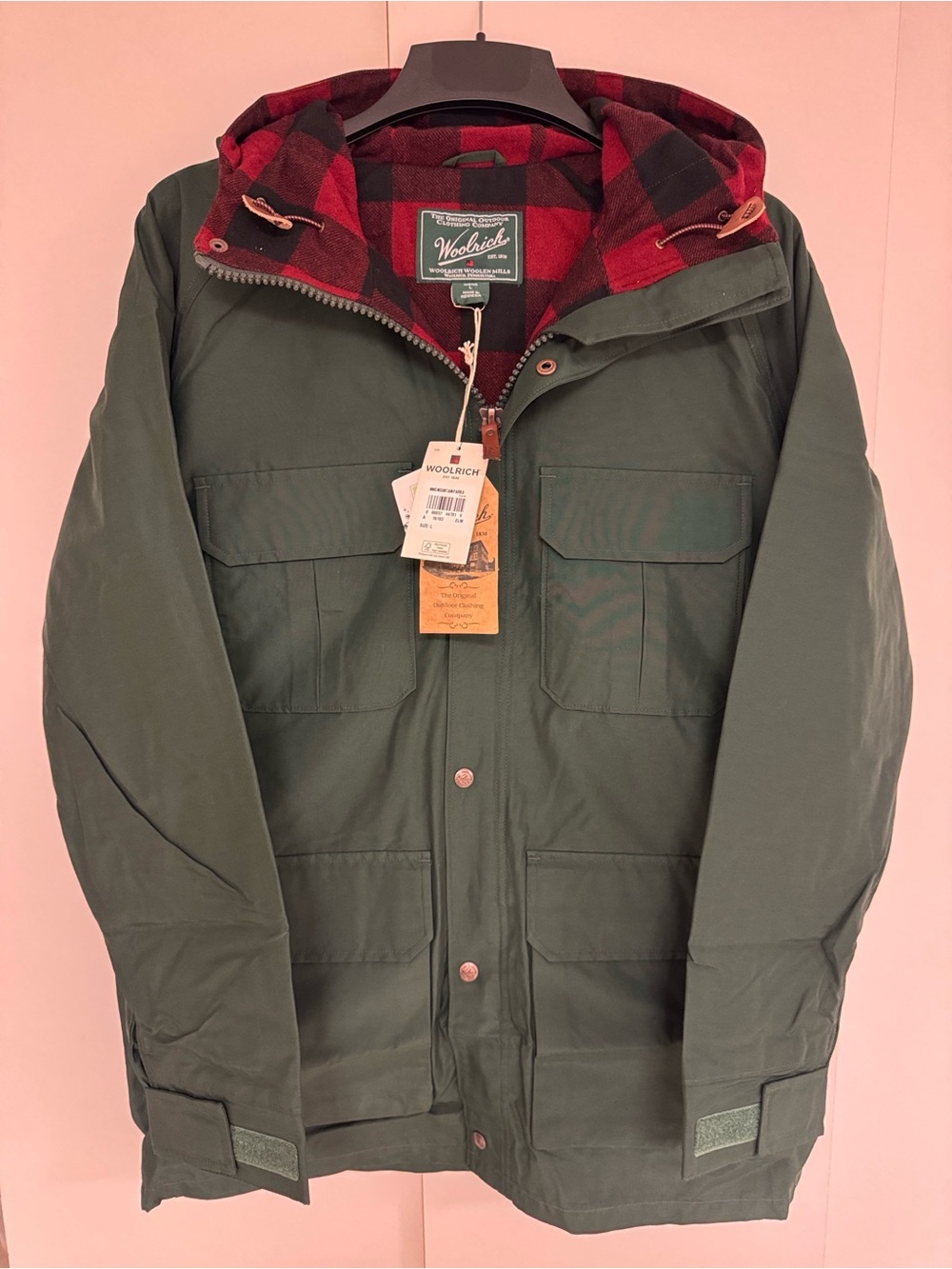 Woolrich Olive Green Mountain Oarka with Red Plaid Hood Lining